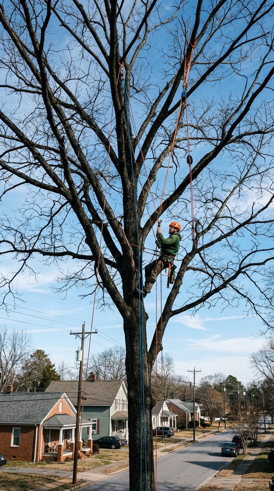 Climber taking a large tree down in sections with ropes